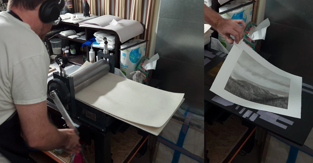 Pulling the print through the etching press